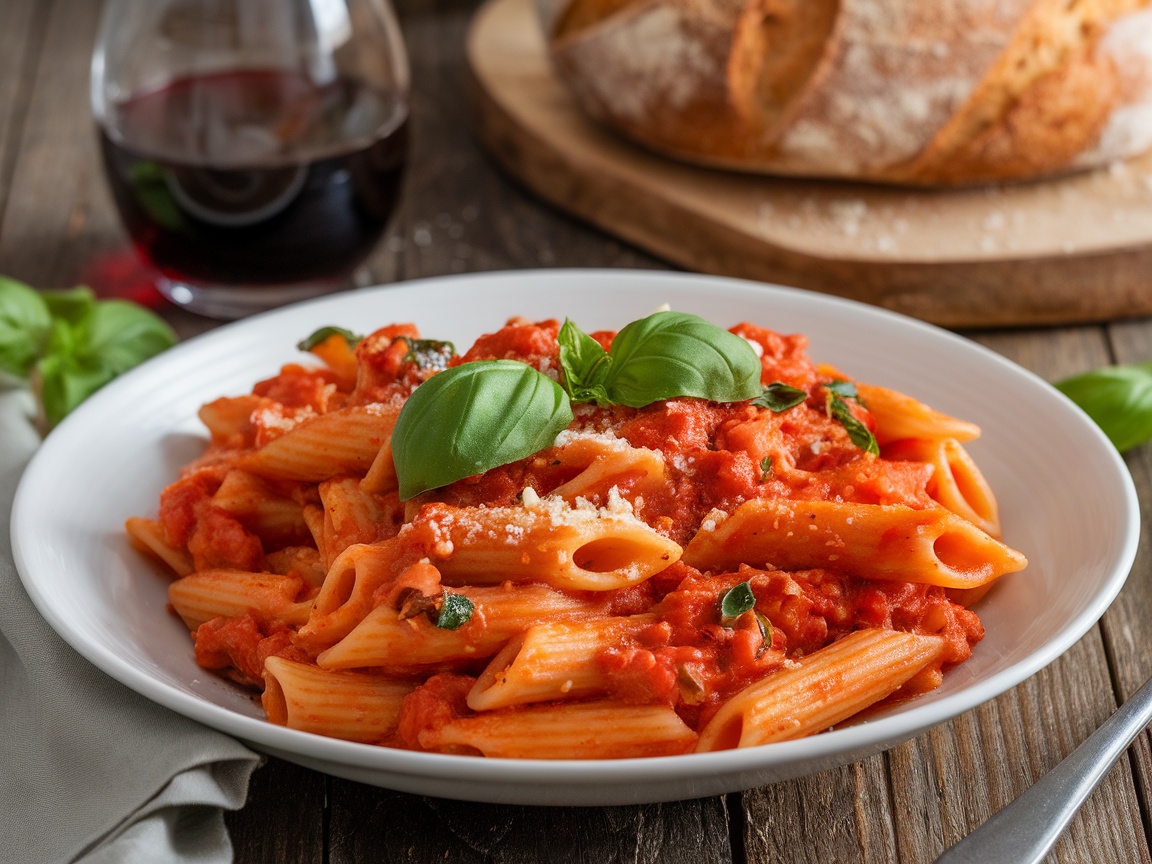 A plate of Penne Arrabbiata with spicy tomato sauce and basil, served with bread and a glass of wine.